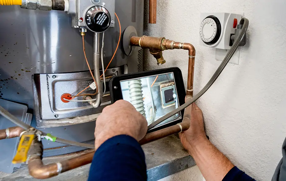 HVAC technician inspecting a heating system